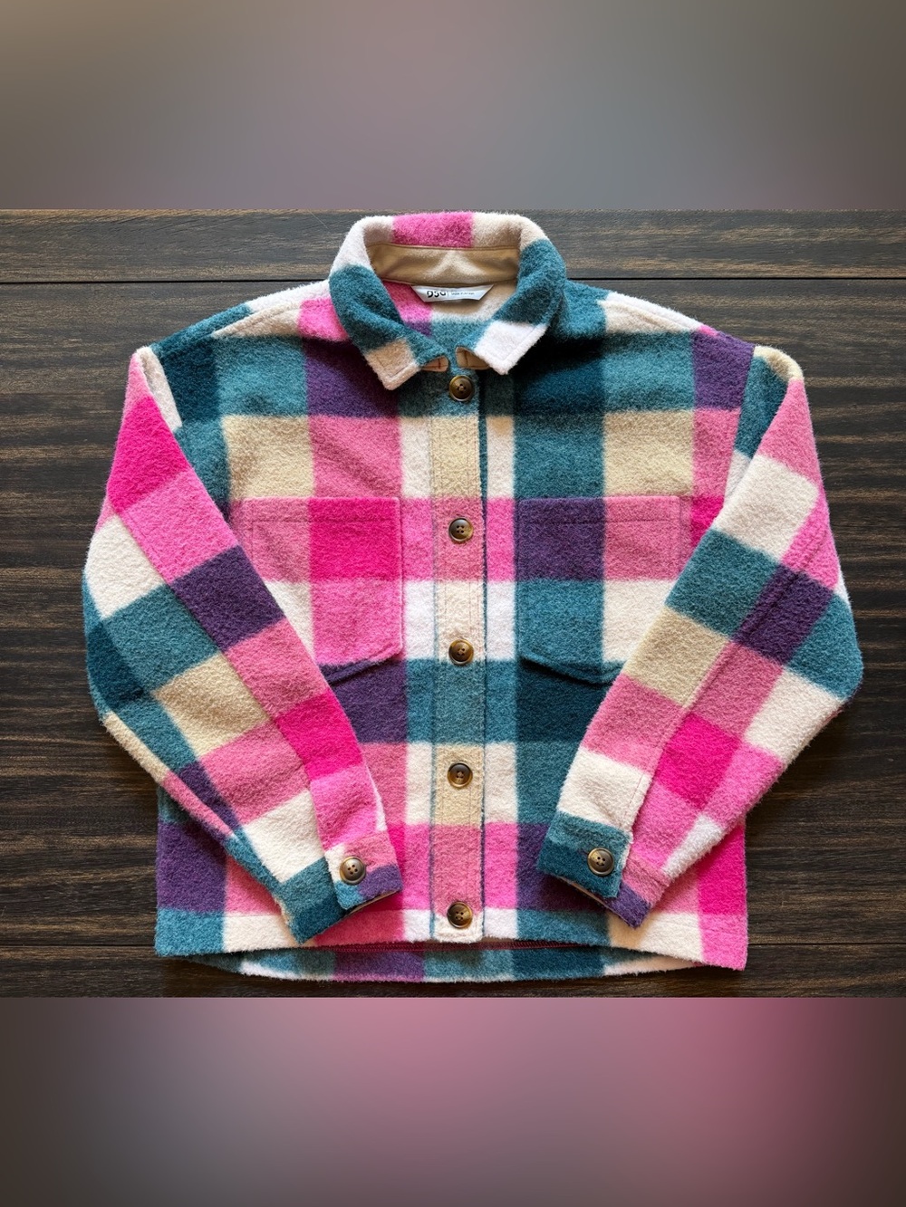 DSG Colorblock Plaid Shacket in Pink, Teal, Green, Cream, Purple, Girls M